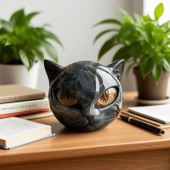 Cat head sculpture with warm amber eyes, glossy highlights, and black finish