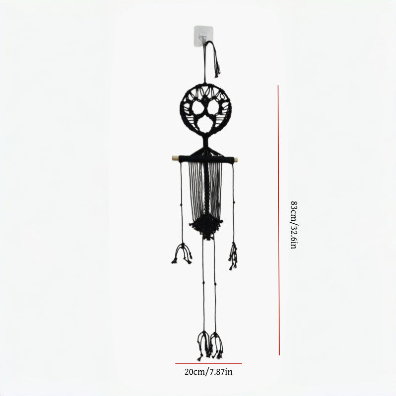 Black macrame skeleton wall hanging, 20cm wide x 38.2cm tall