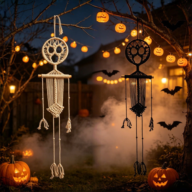 Skeleton macrame wall hanging pair with circular medallion and long dangling fringe