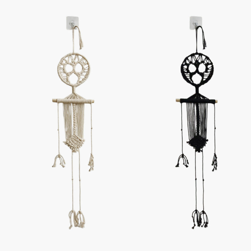 White and black macrame skeleton wall hanging pair with round web medallion and tassels