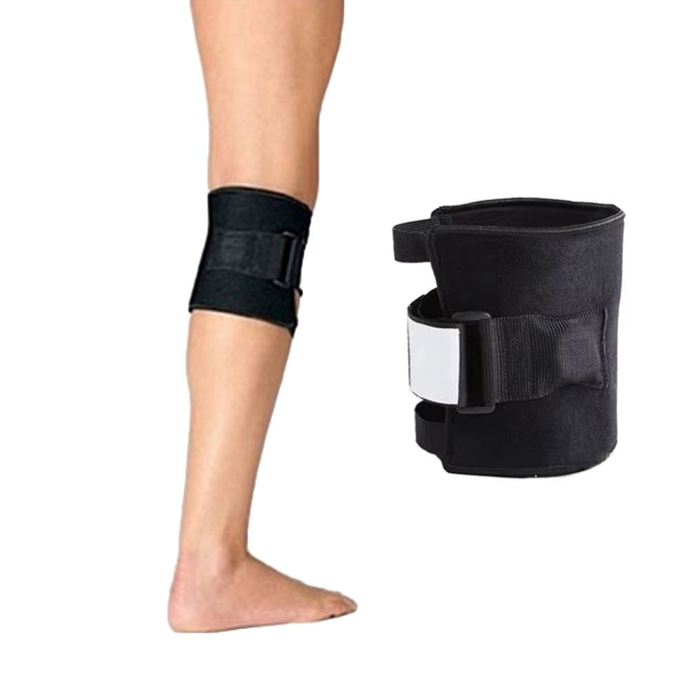 Black leg brace with buckle strap and white support pad for upper calf