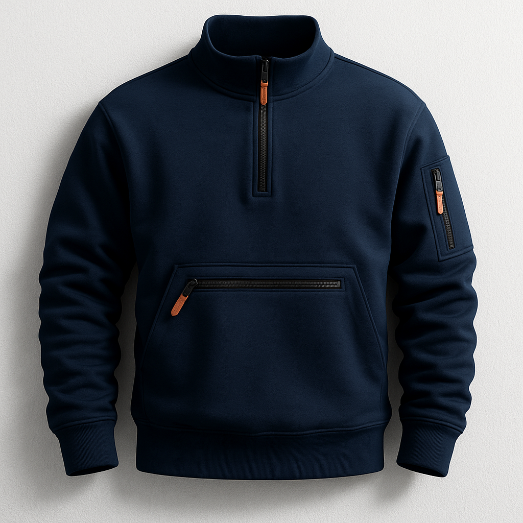 Men's navy knit pullover with quarter-zip and front kangaroo pocket