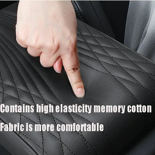 Black quilted car armrest cushion cover with memory-cotton texture and stitched channels