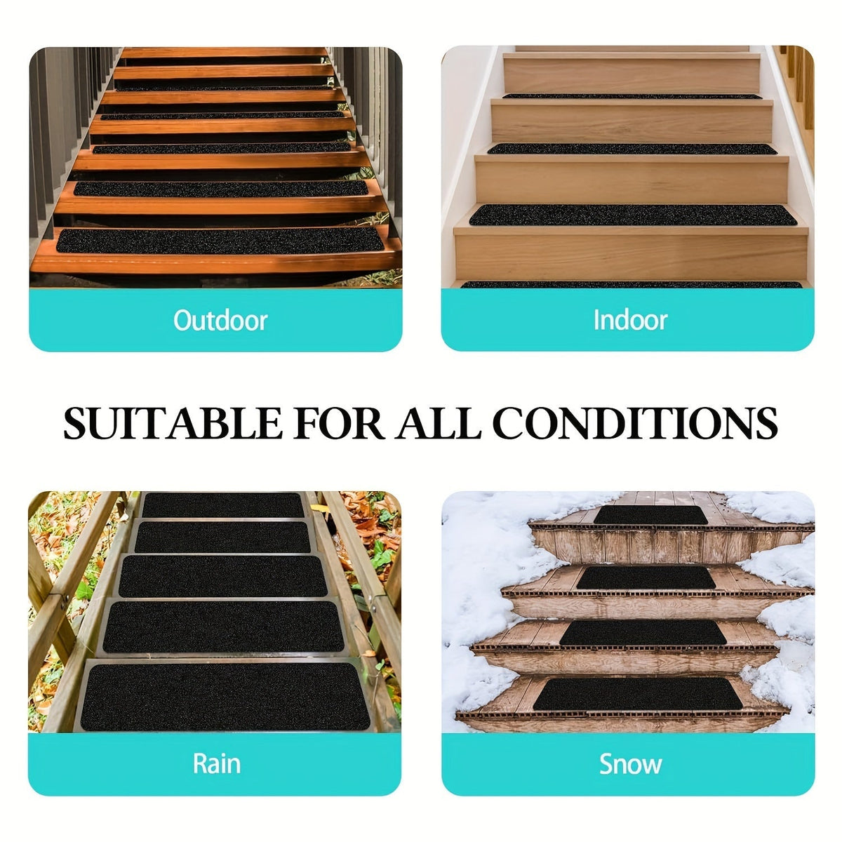 Black stair tread strips on indoor and outdoor staircase step treads