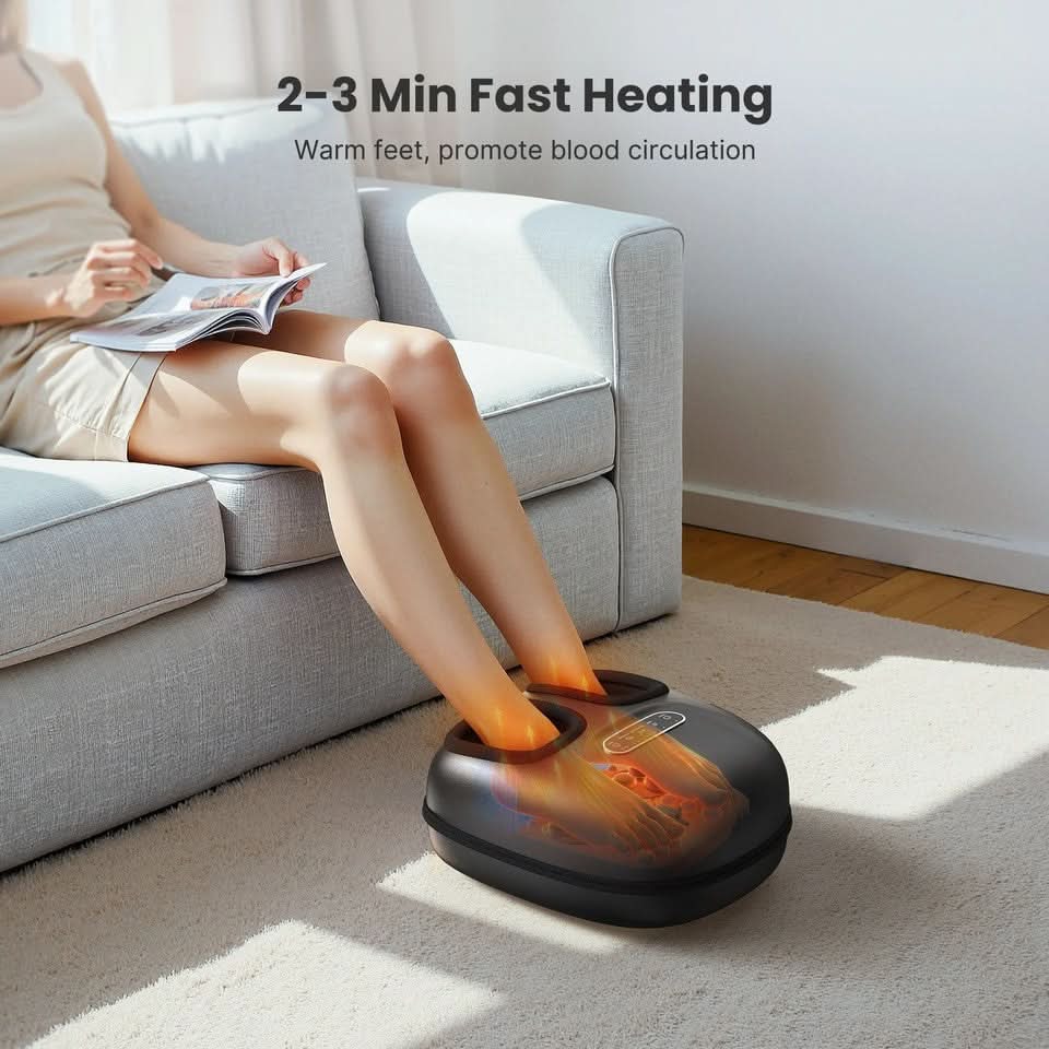 Foot massager with heated kneading rollers, designed for warming feet on the floor