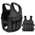 Black adjustable weighted exercise vest with front buckle straps and padded weight pockets