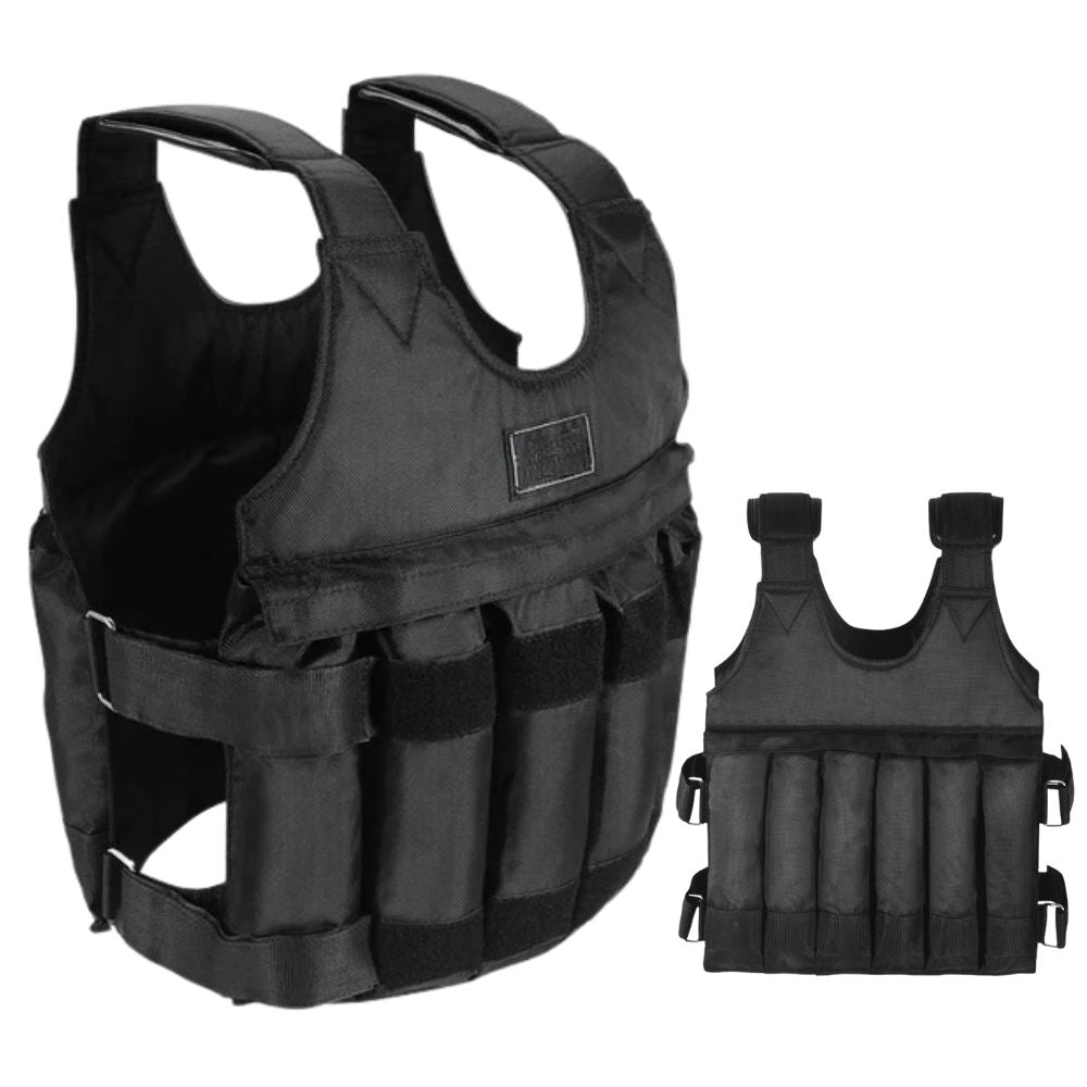 Black adjustable weighted exercise vest with front buckle straps and padded weight pockets