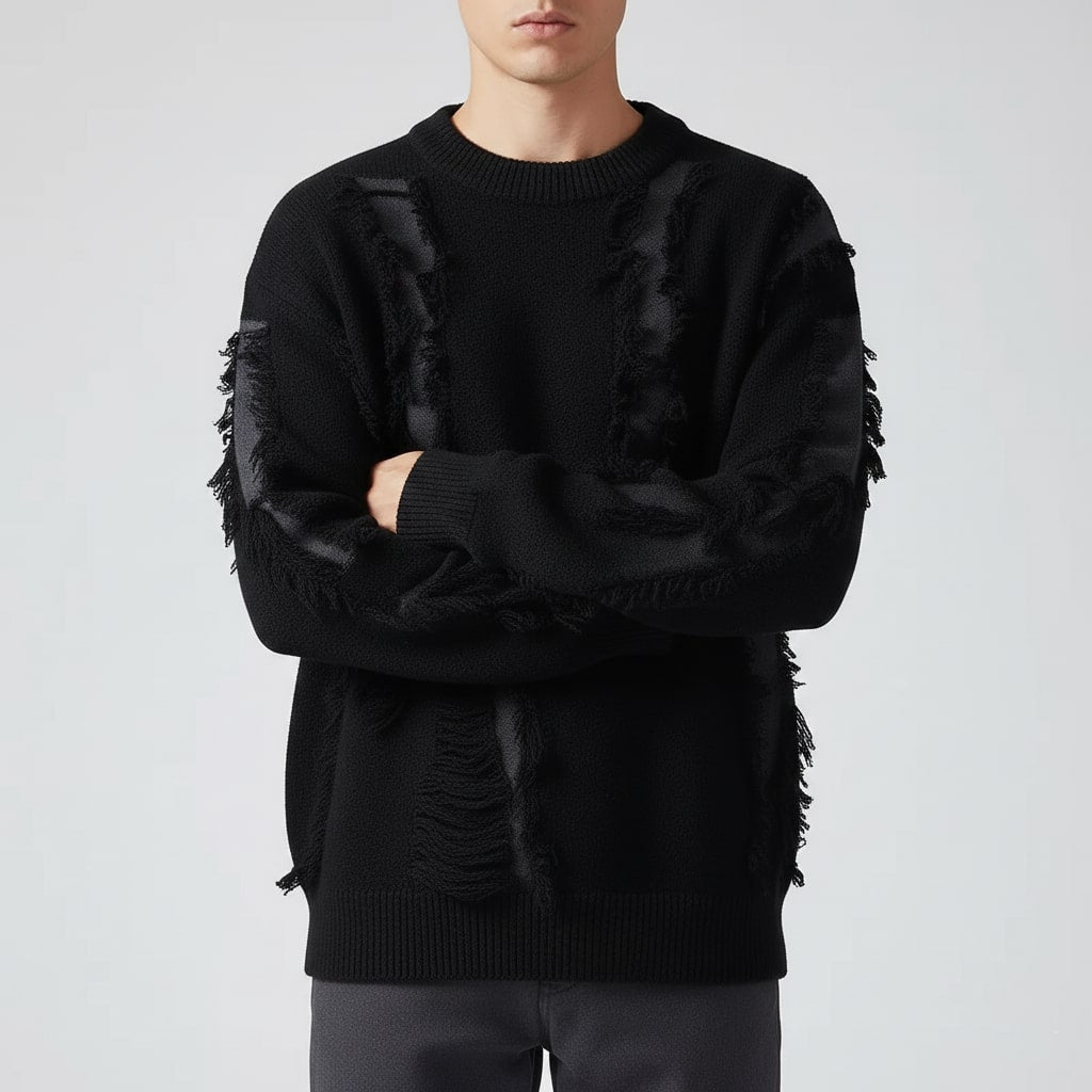 Textured frayed crewneck sweater, close-up detail