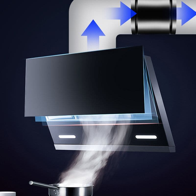 Wall-mounted kitchen exhaust hood with built-in fan vent and airflow arrows