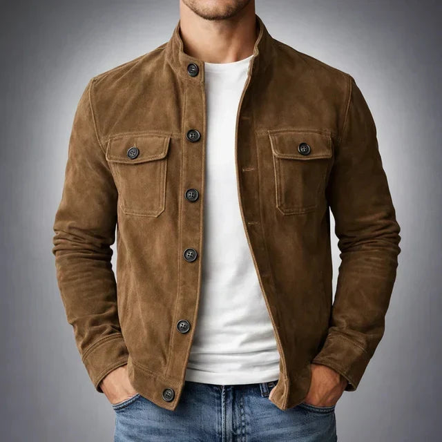 Brown suede-style pocket jacket with button front and two flap chest pockets
