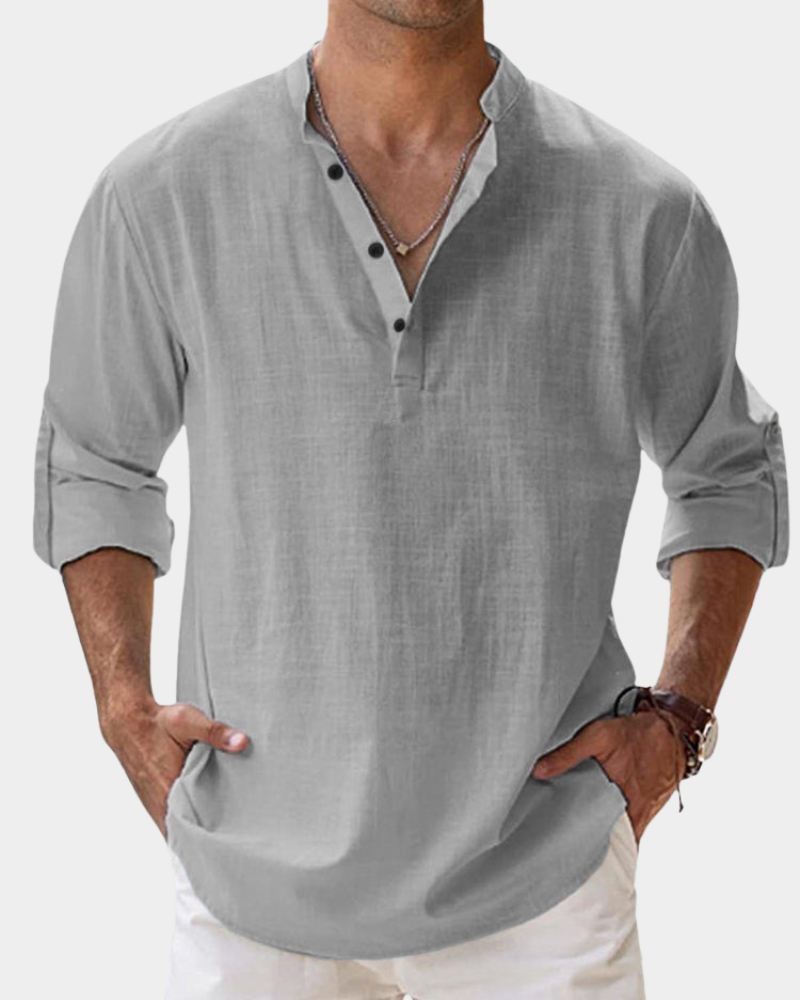 Gray button-up casual shirt with V-neck and 3/4 sleeves, relaxed fit.