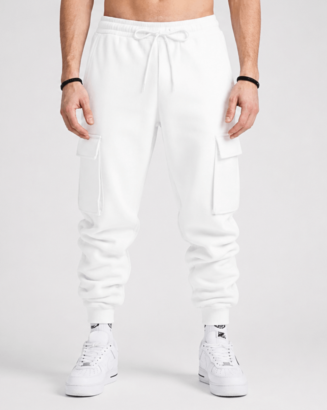 White cargo jogger pants with adjustable drawstring and side cargo pockets