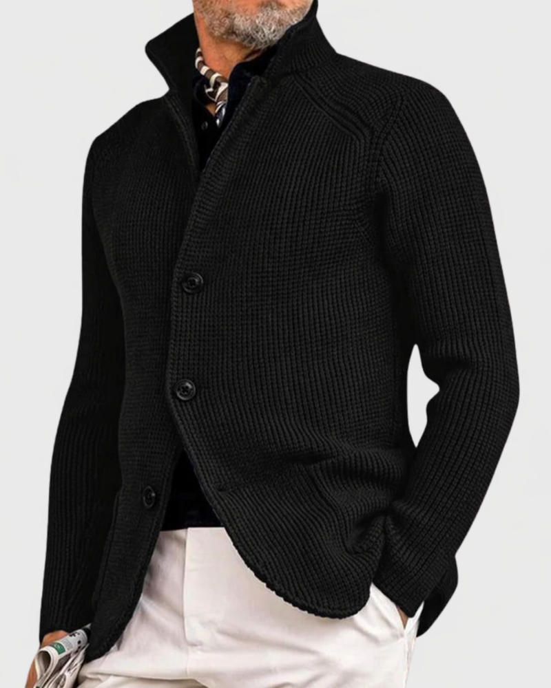 Black textured knit button cardigan with button-front placket and long sleeves