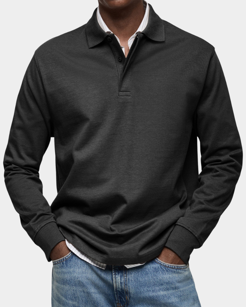 Men's dark gray long-sleeve polo shirt with button placket and ribbed collar