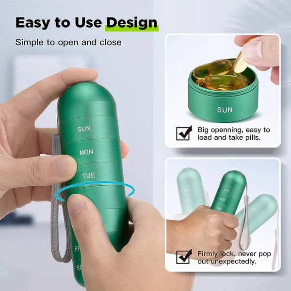 Green aluminum weekly pill organizer with open top and hinged lock, labeled days