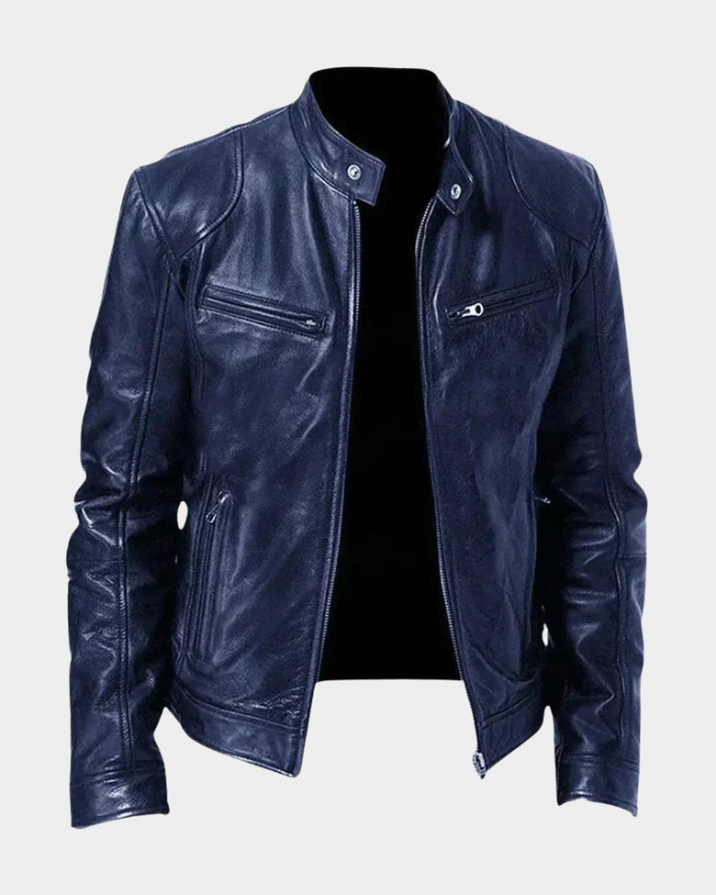 Blue leather rider jacket with stand collar, snap buttons, and zip front; zip chest pockets