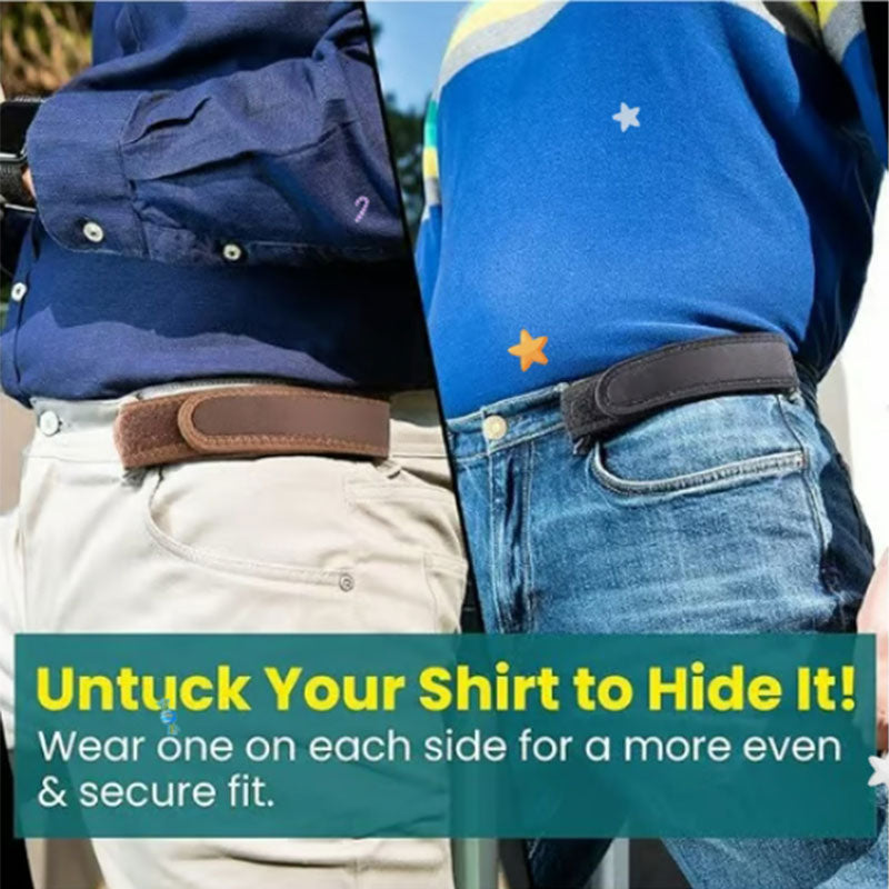 Buckleless belt worn under shirts, black and brown flat straps on pants