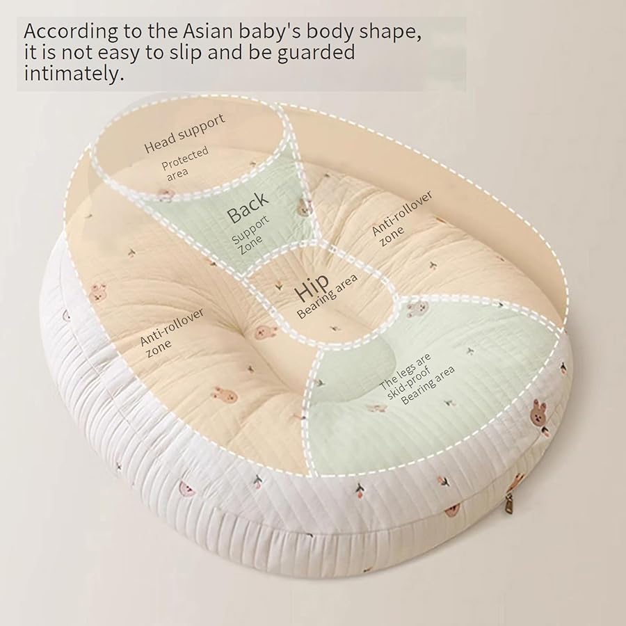 Ergonomic cotton baby lounger cover, cream quilted design with star and moon pattern