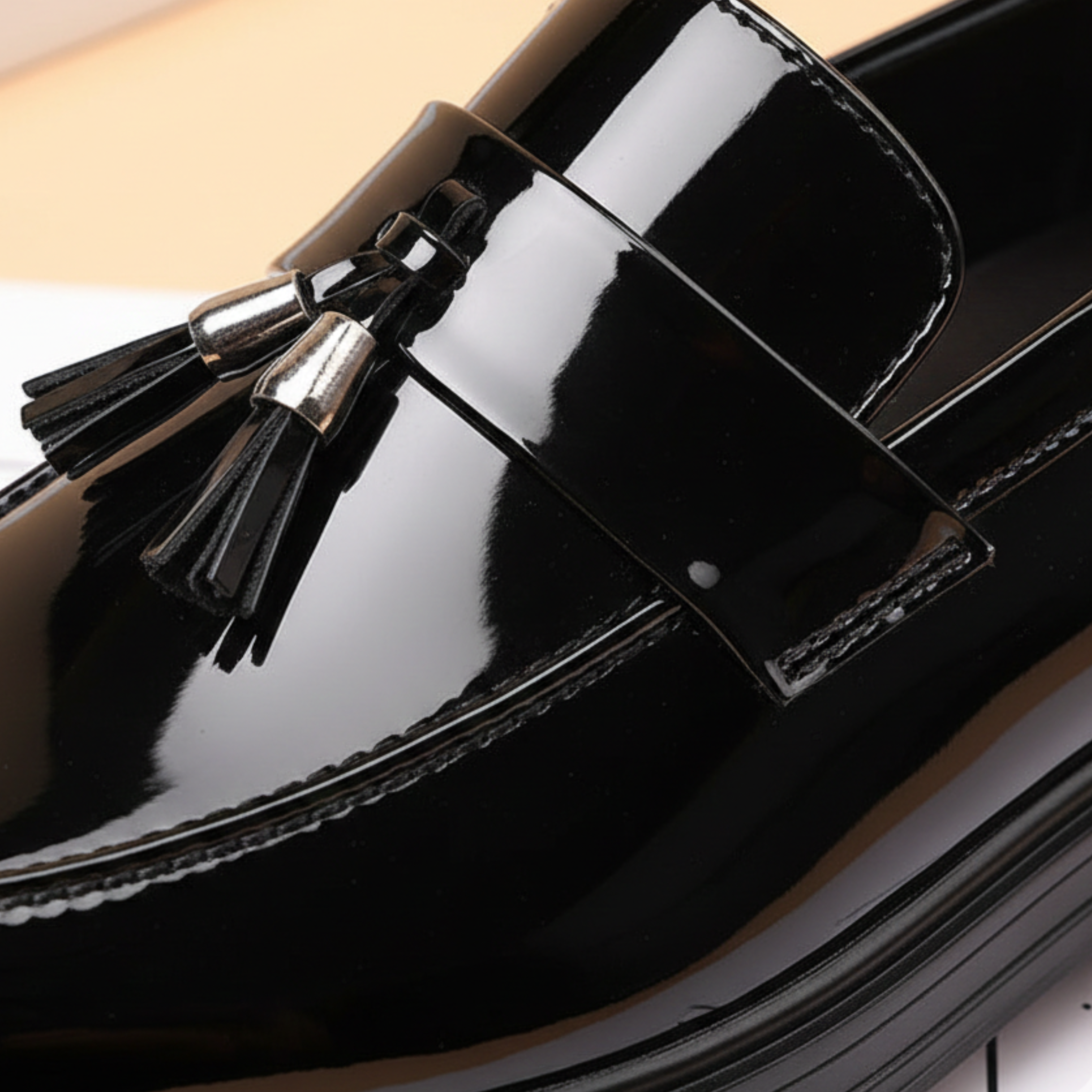 Classic tasseled slip-on loafers, close-up detail