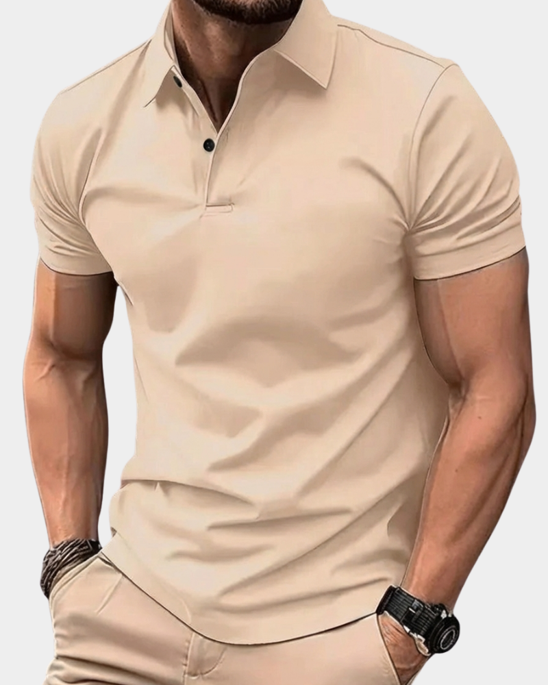 Khaki solid polo shirt with short sleeves, button placket, and ribbed collar