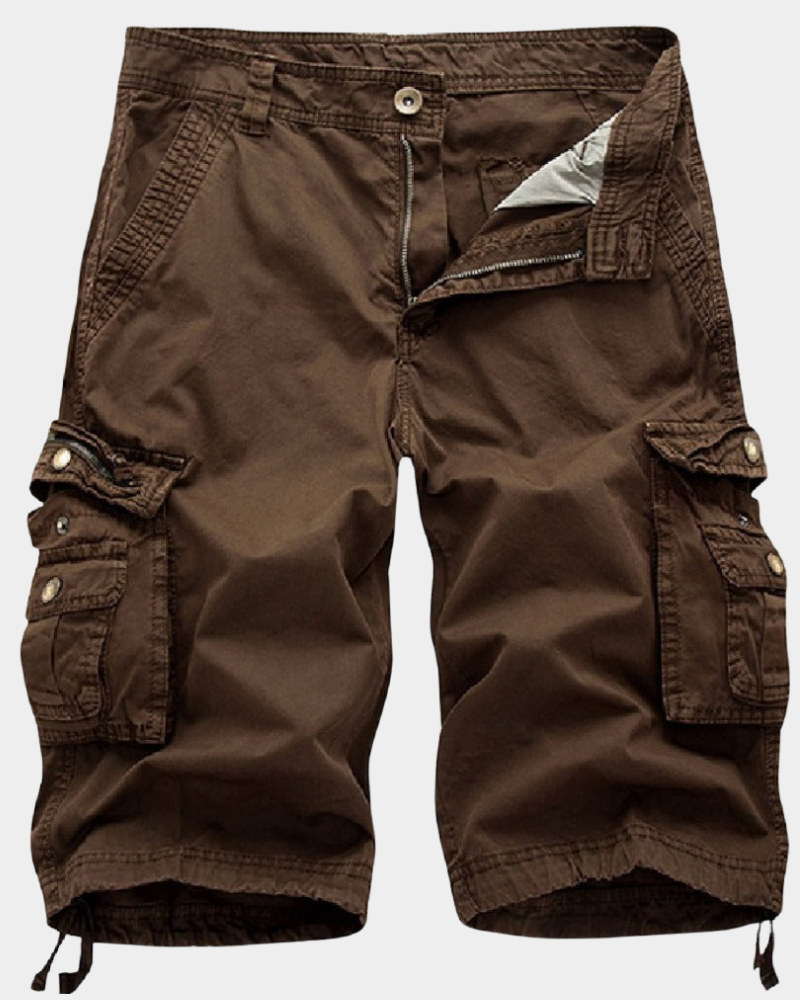 Men's cargo shorts in brown with zip fly, button waist, and flap cargo pockets