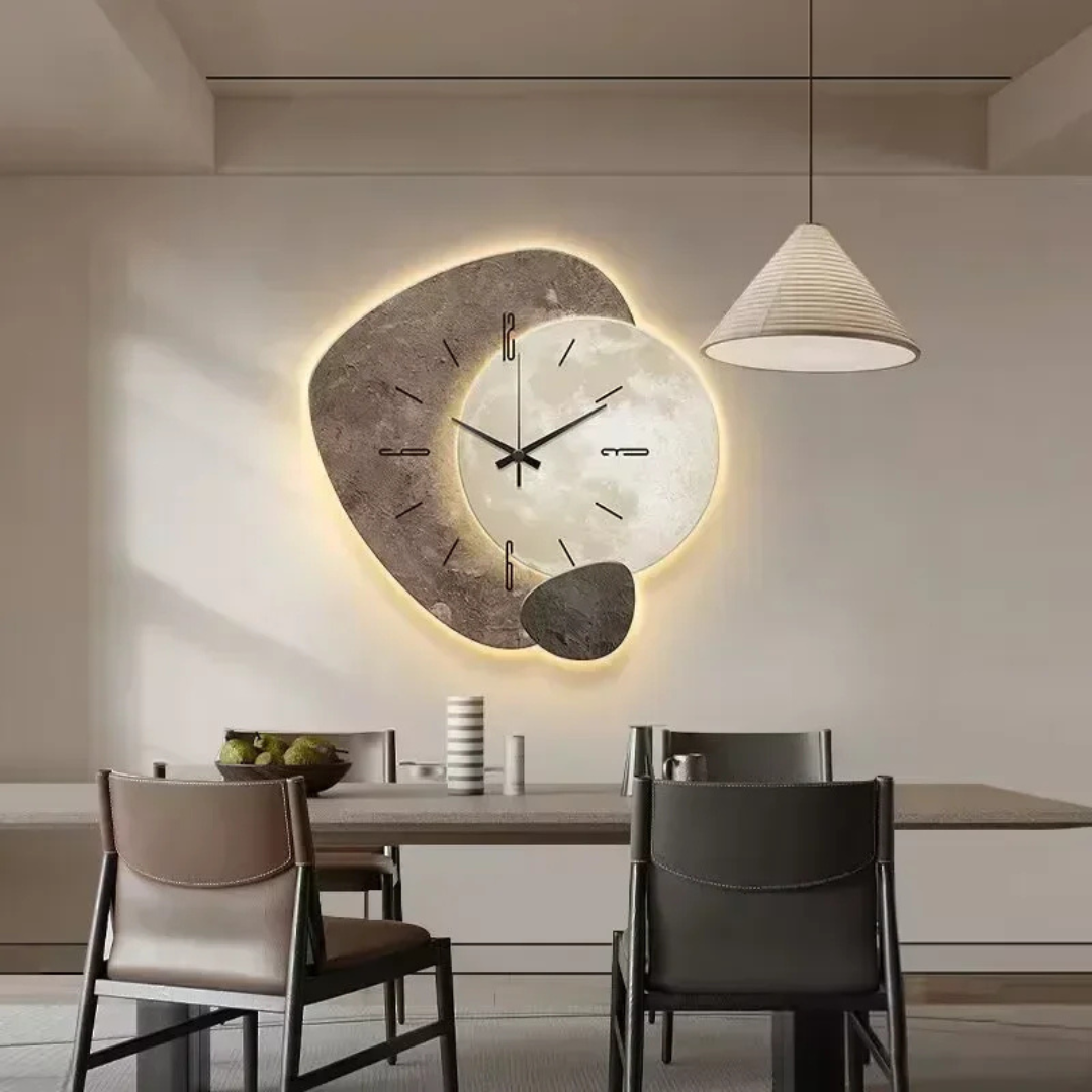 Two-tone LED wood wall clock with black hands, Roman numerals, glowing perimeter