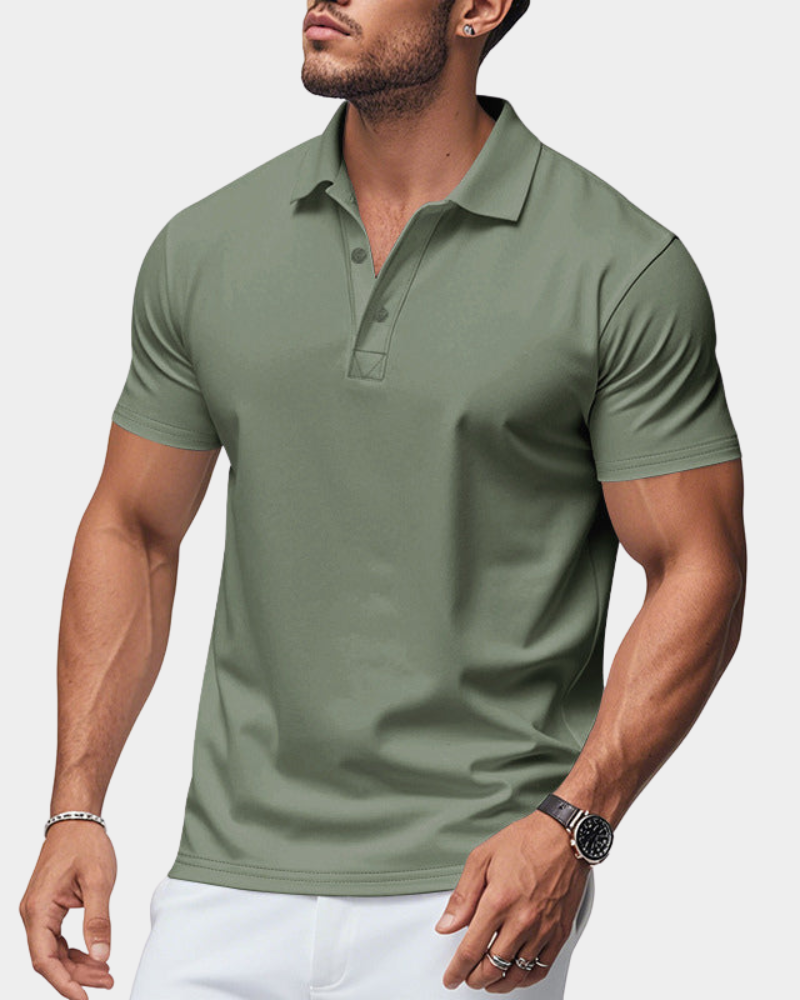 Men's green polo shirt with short sleeves, knit collar, and 2-button placket