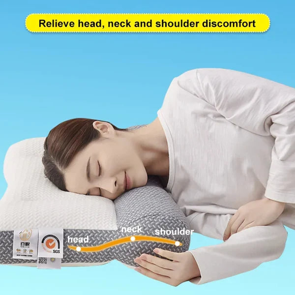 Orthopedic contour neck pillow supporting head and neck, gray textured and white