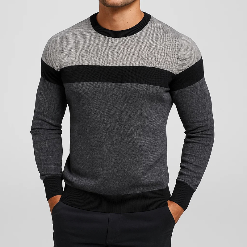 Men's ribbed crew neck pullover in dark gray with black horizontal stripe band