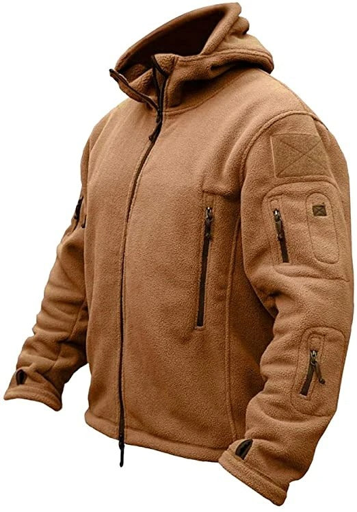 Brown hooded fleece jacket with full zipper, front pockets, and textured sleeve patches