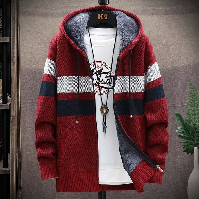 Hooded zip-front jacket in red plaid, full zip with drawstring hood