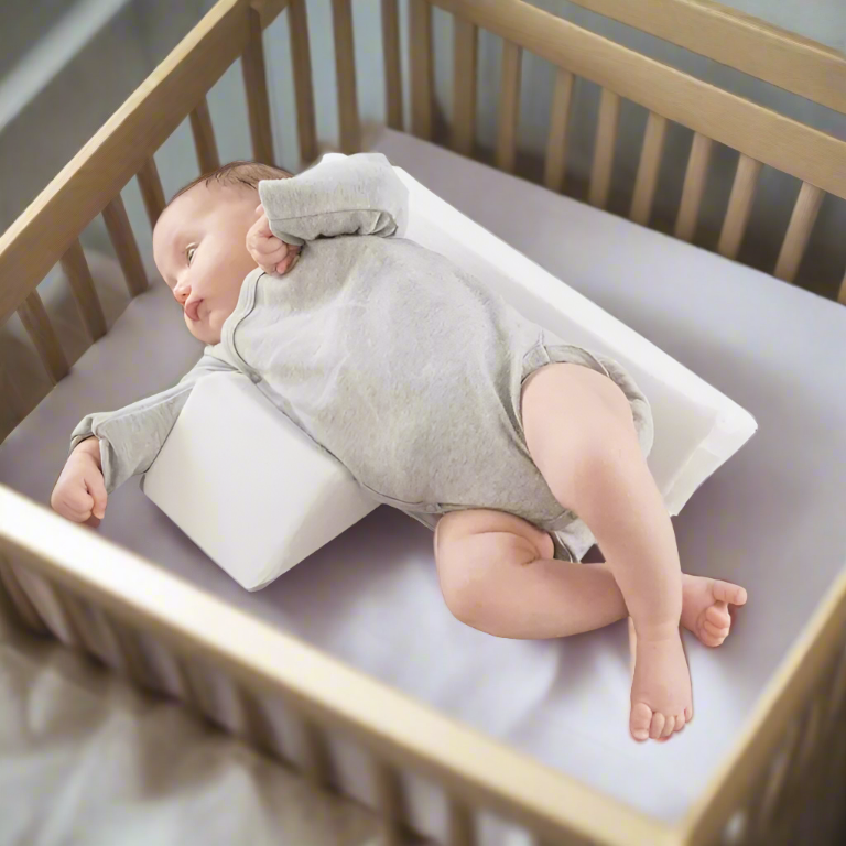 Adjustable baby side sleeper pillow with cushioned wedge support, shown with baby