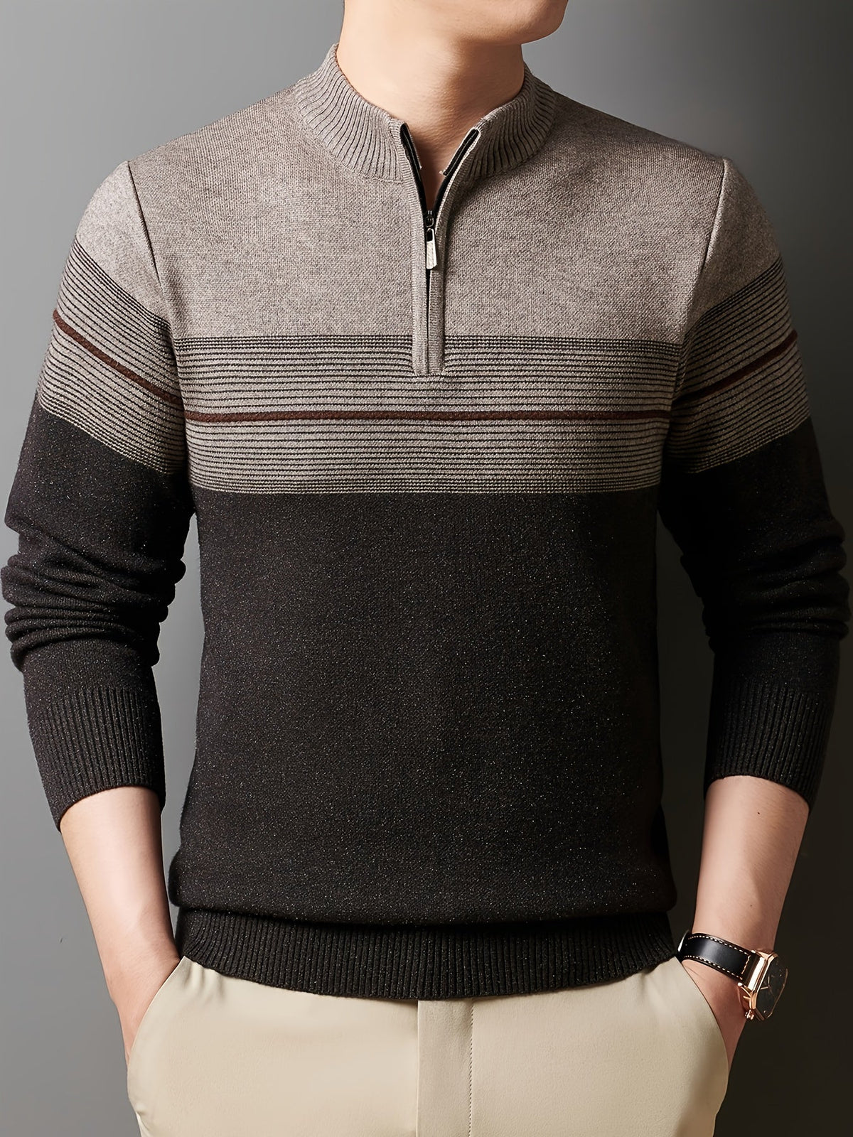 Quarter-zip striped knit sweater, close-up detail