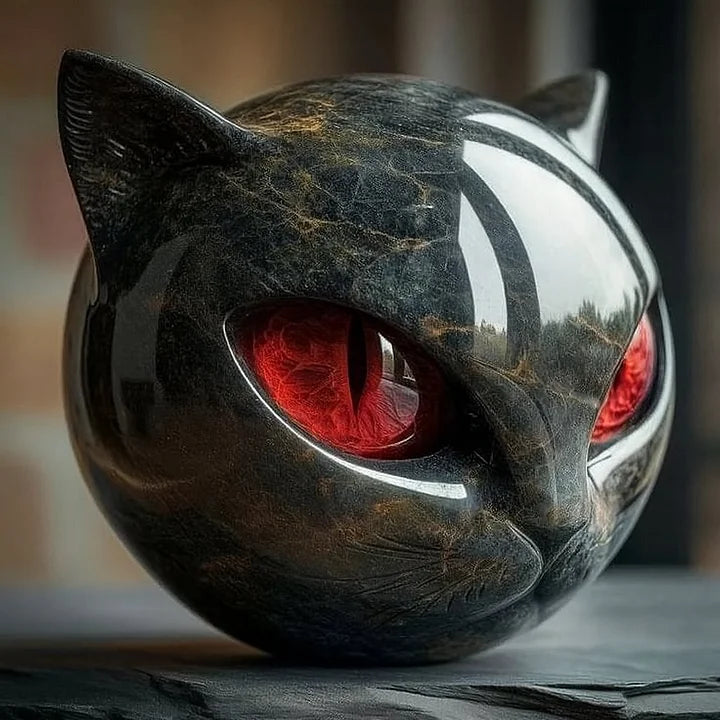 Close-up of cat head sculpture with red glowing eyes and reflective white stripe