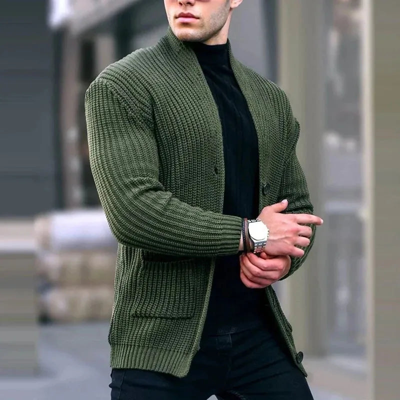 Army green knit cardigan with button front, ribbed cuffs, and patch pockets
