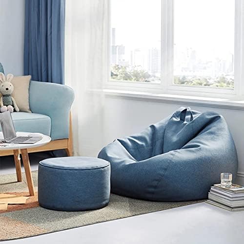 Blue ergonomic bean bag cover with open top and sturdy curved shape