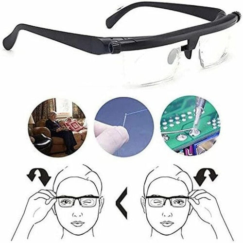 Black adjustable reading glasses with clear lenses and curved temples, side view