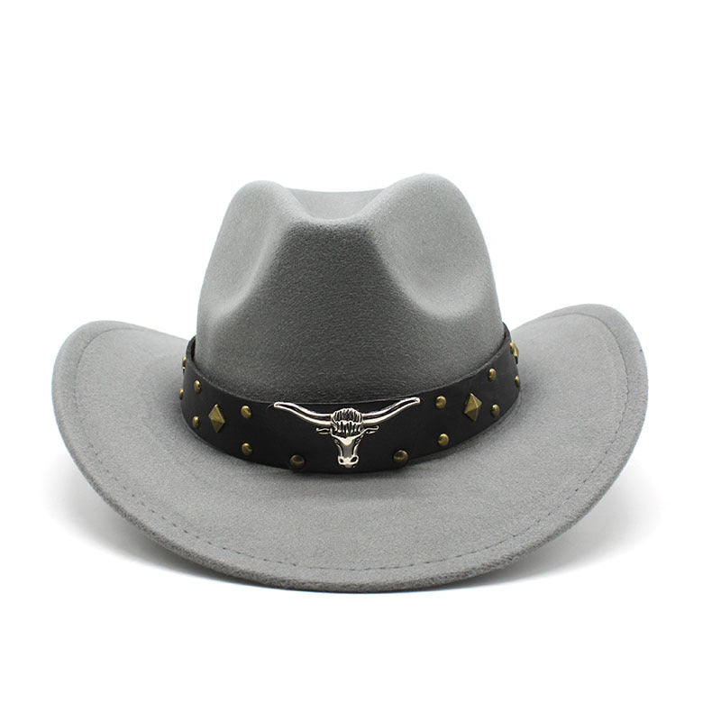 Light gray western cowboy hat with studded band and silver bull head buckle detail