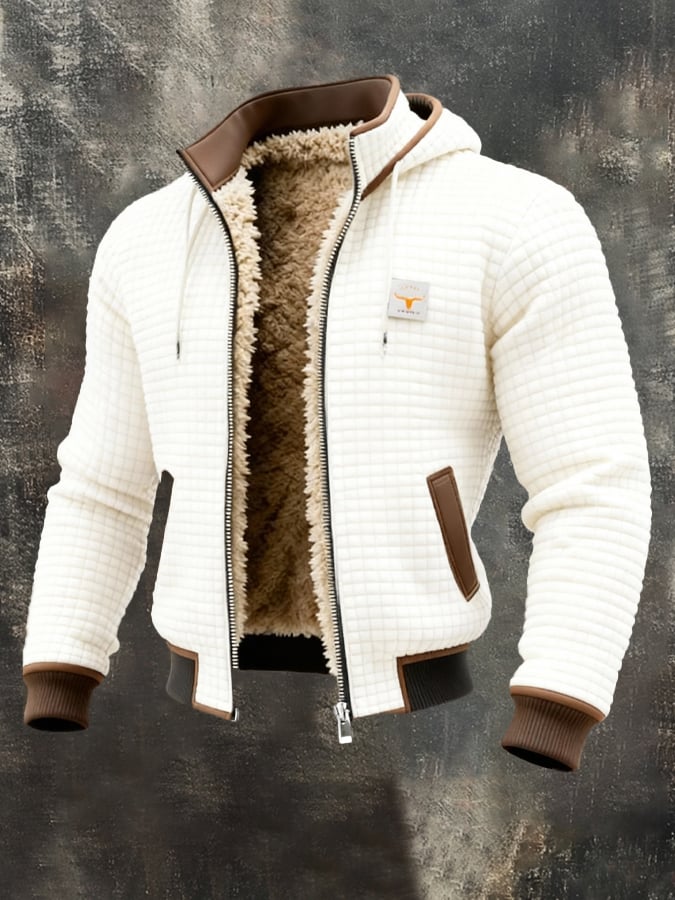 Men's quilted sherpa-lined jacket, white with tan sherpa lining, brown-trim pockets, zip front