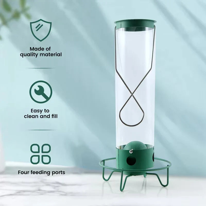 Clear-tube green bird feeder with four feeding ports for easy fill