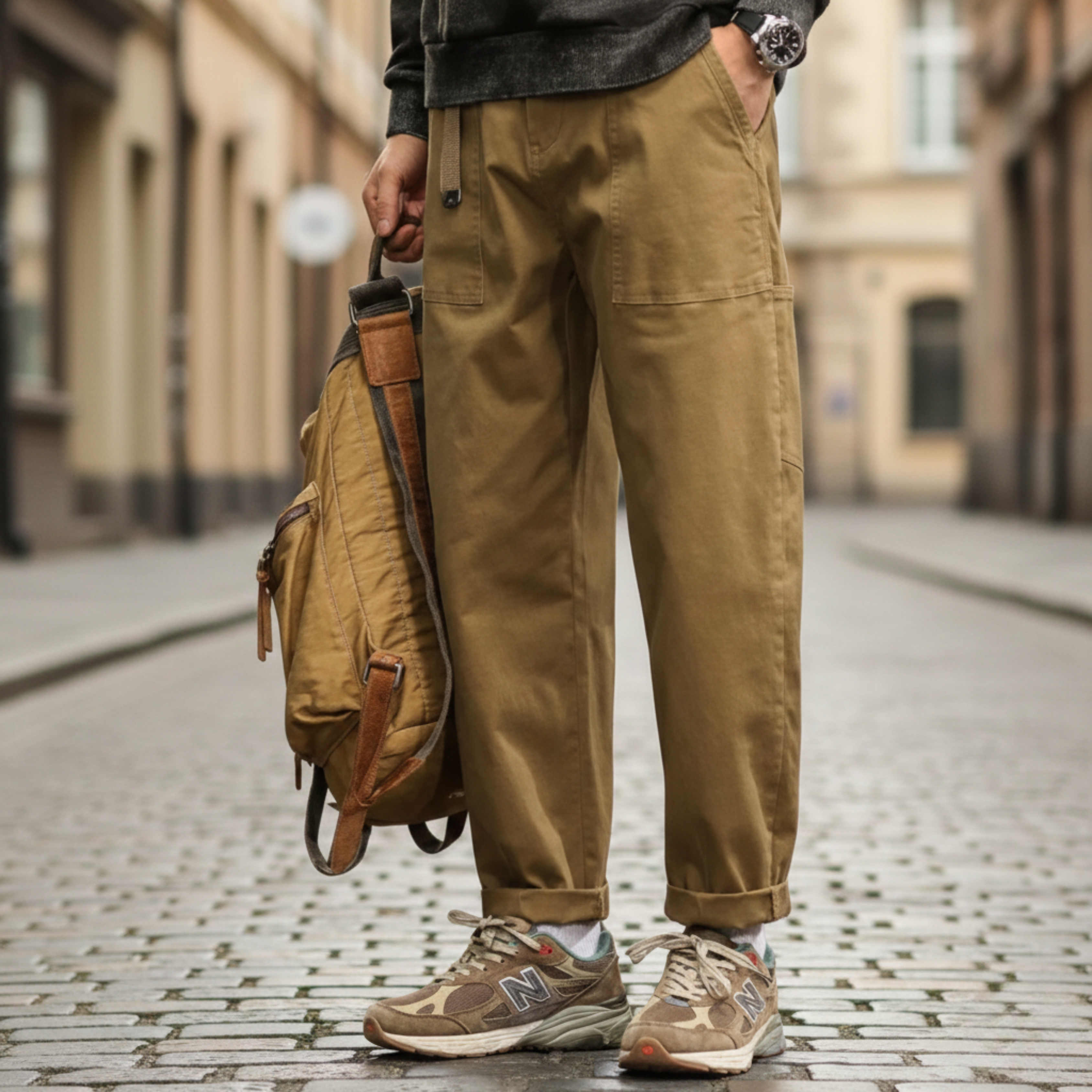 Relaxed straight-leg cargo pants, brown color view