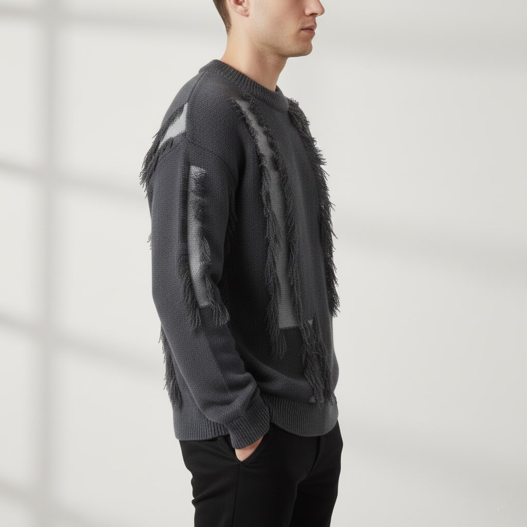 Textured frayed crewneck sweater, gray color view