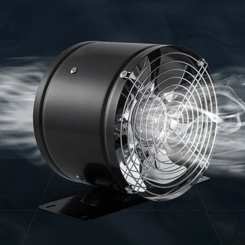 Black cylindrical exhaust fan with wire front grille and three-blade impeller