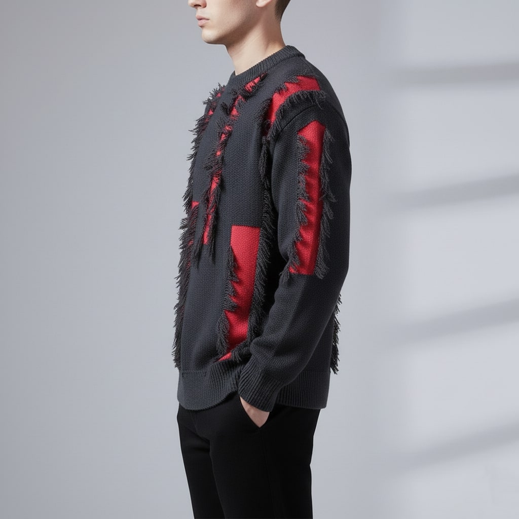 Textured frayed crewneck sweater, black red color view