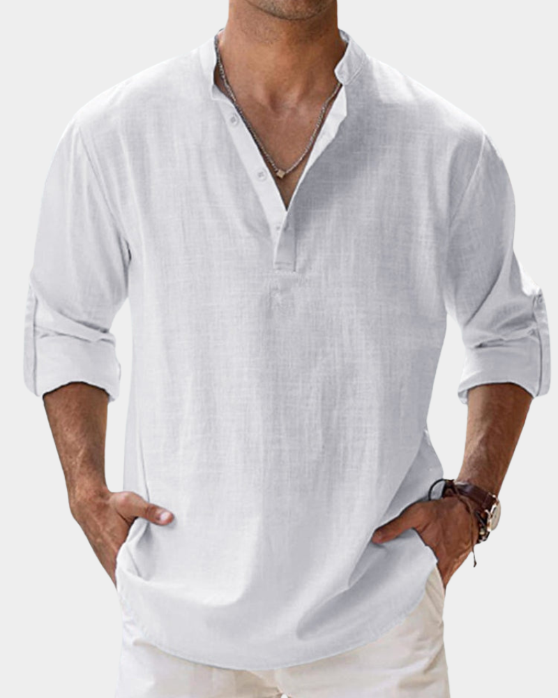 White button-up casual shirt with V-neck and 3/4 sleeves, relaxed fit.