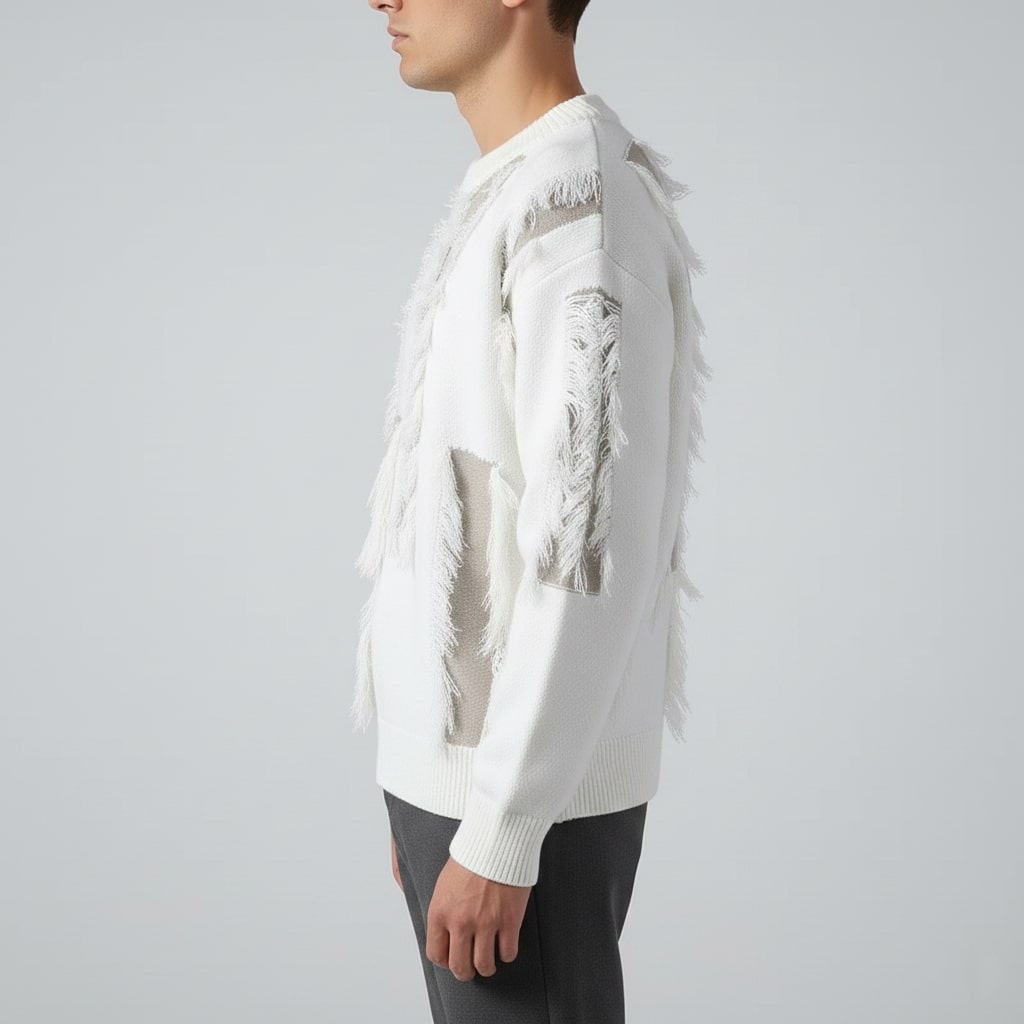 Textured frayed crewneck sweater, khaki color view