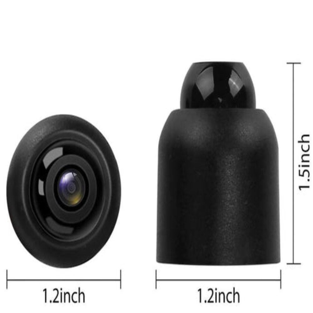 Black compact security camera with front lens; 1.2in wide, 1.5in tall