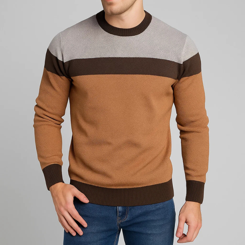 Men's ribbed crew neck pullover in tan with brown wide horizontal stripe band