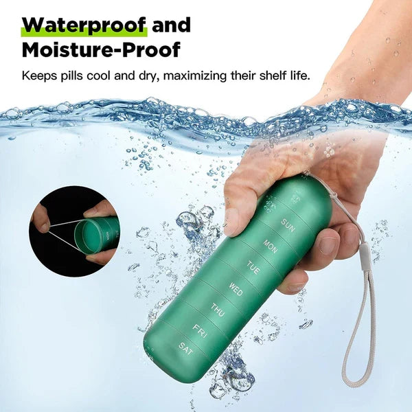 Green aluminum weekly pill organizer with water droplets, labeled day compartments and strap