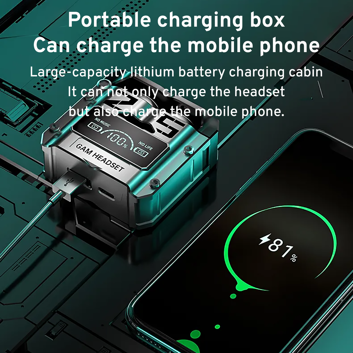 Portable charging case with two black earbuds and connected smartphone on-screen UI